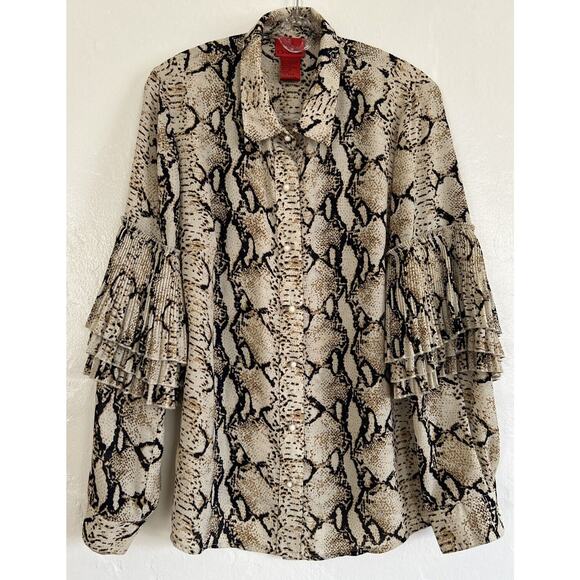 Vintage V Cristina Blouse Snake Skin Layered Ruffle Sleeves Pearl Button Sz S - Picture 1 of 8
